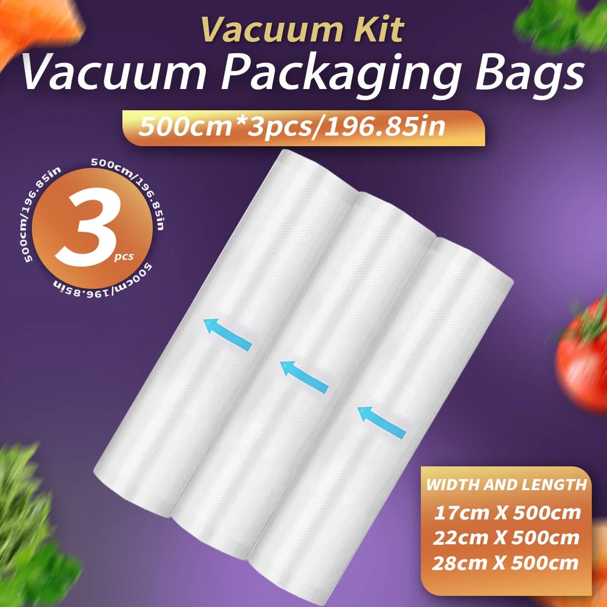 Rouleau de sac alimentaire scellé sous vide de 5m, 3 pièces, sans bisphénol A, sac de conservation s