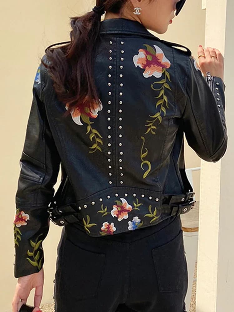Ailegogo femmes Vintage Floral imprimé brodé Court Noir pu similicuir veste printemps automne femmes