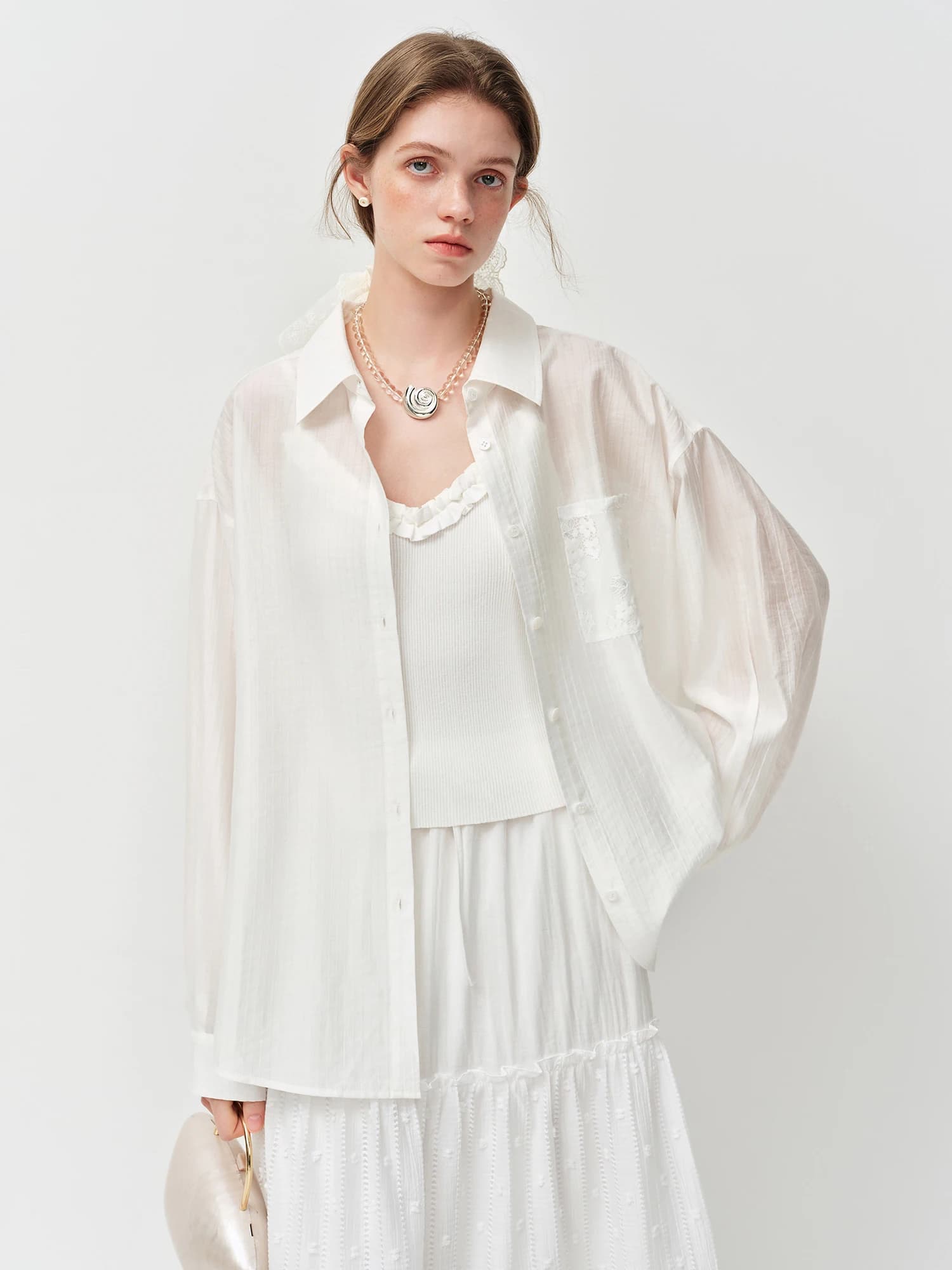 Chemisier blanc à nœud et dentelle pour femme FSLE 2026, col en V, manches courtes, chemise de créat