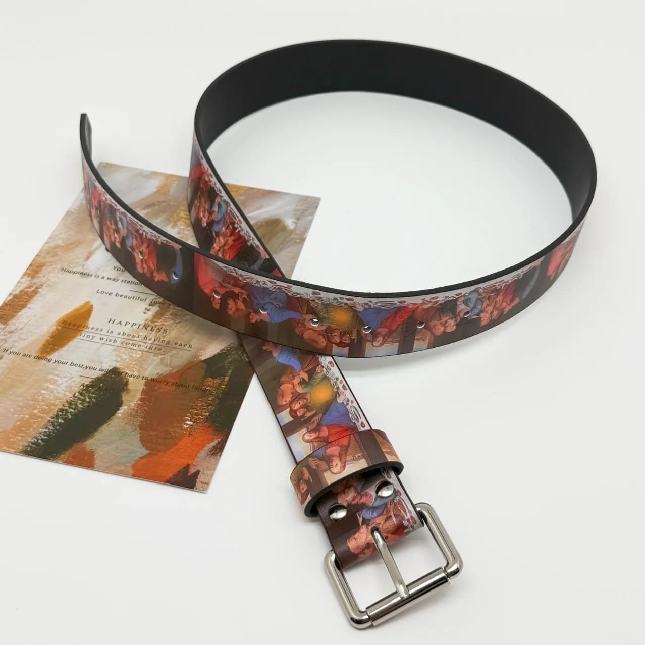 Ceinture large rétro style High Street, motif Dernière Cène, en cuir épaissi, avec boucle en alliage