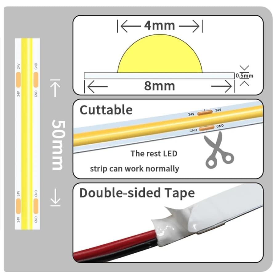 Bande lumineuse LED COB 12V 24V 10M 5M 3M 2M 1M 320LED s/M, bande LED Flexible haute densité 2700K 4