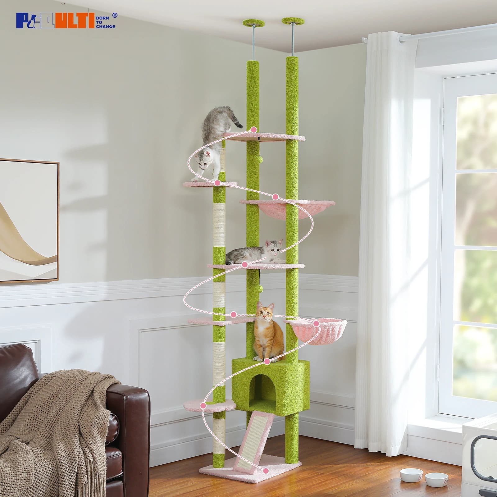 Arbre à chat Cactus du sol au plafond, tour à chat réglable en hauteur avec Hamac confortable pour c