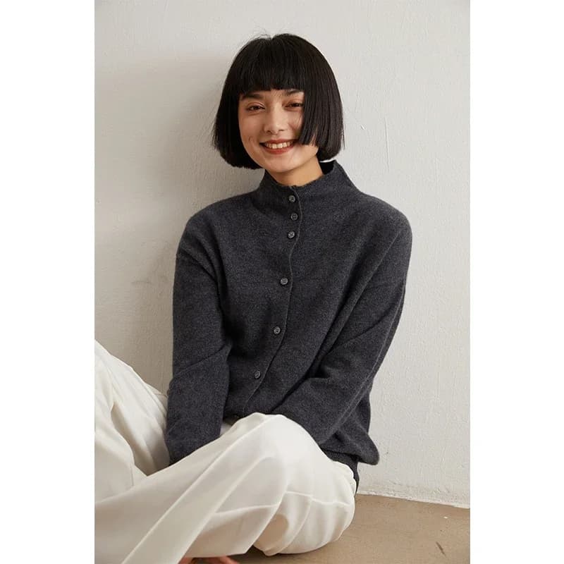 Cardigan en laine pour femmes, coupe cintrée, col Semi-haut, couleur unie, manches longues, pull tri