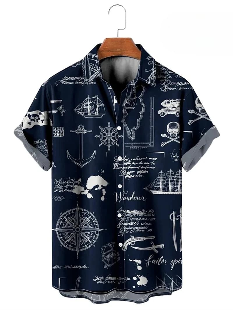 Vintage boutonné chemise homme 3d carte imprimé à manches courtes chemise hawaïenne revers vêtements