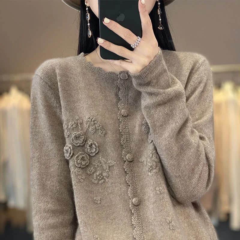 Pull en Cachemire Pur pour Femme, Cardigan à Col Rond en Dentelle, Broderie Décontractée, Veste Douc