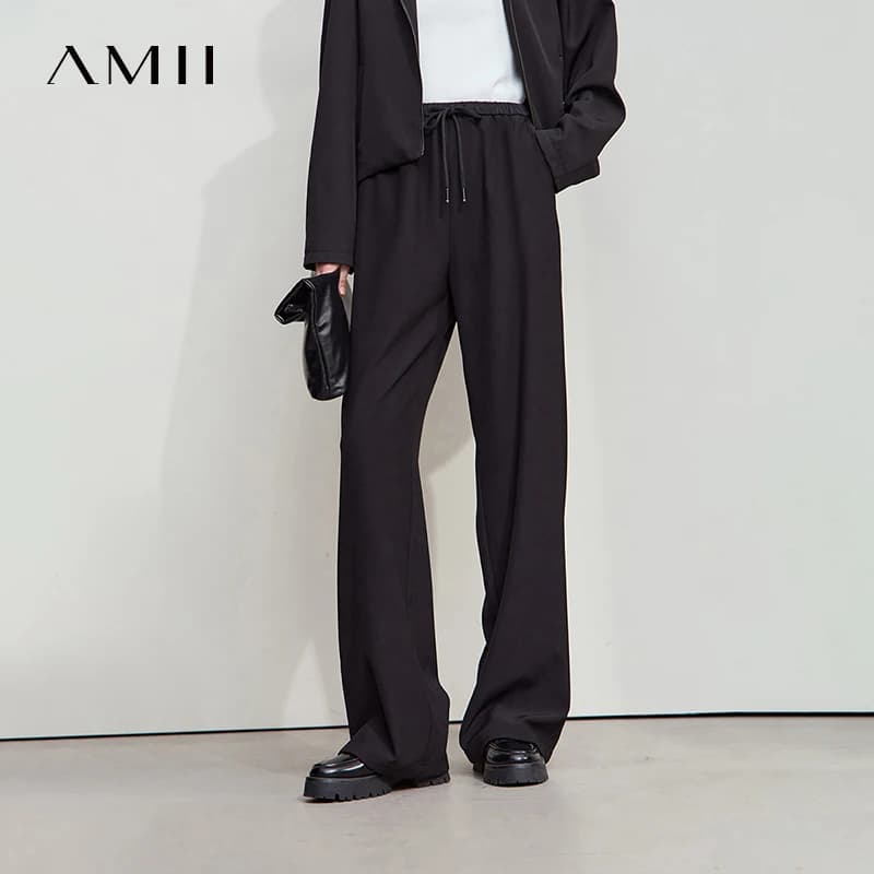 AMII 2025 automne femmes pantalon ample décontracté à lacets élastique jambe large pantalon droit so