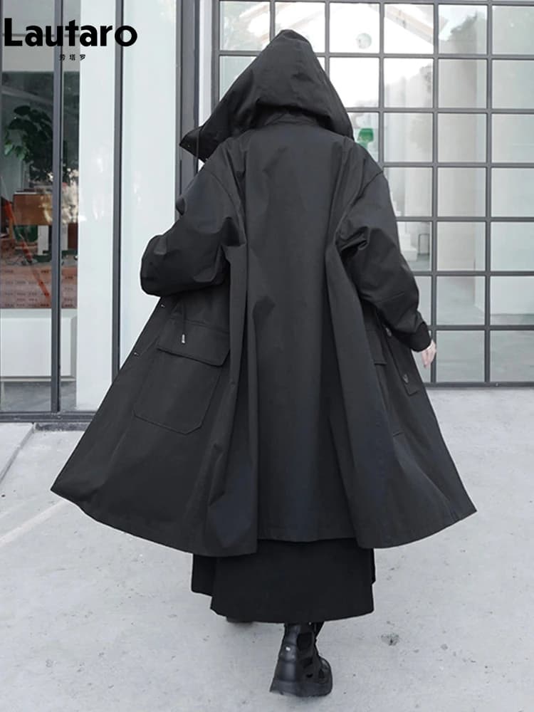 Lautaro-Manteau Long Respirant Noir avec Capuche pour Femme, Vêtements de Créateur de Luxe, Dark Aca