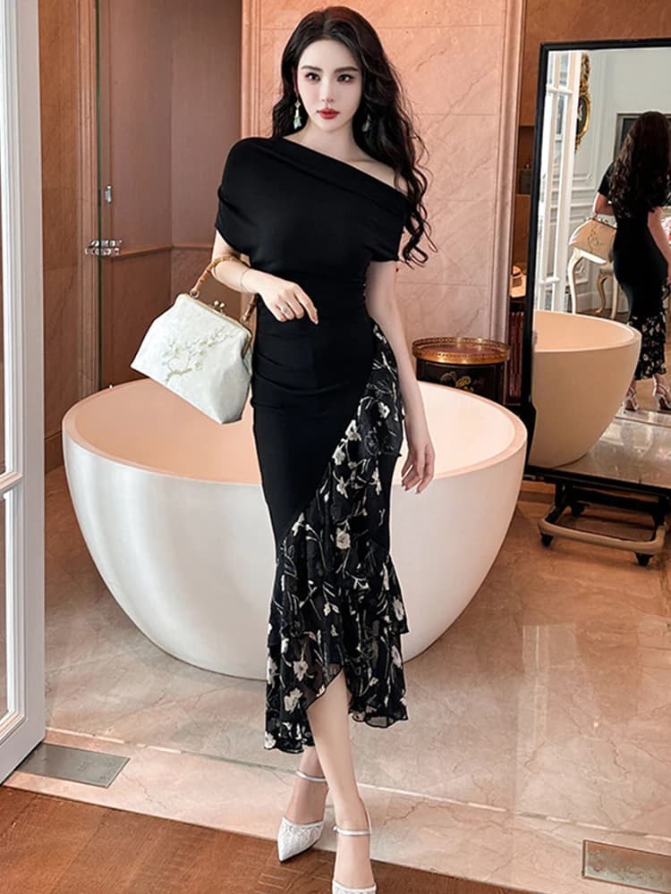 Robe de soirée élégante d'été pour femme, noire, chic, sexy, épaules dénudées, moulante, longue, pou