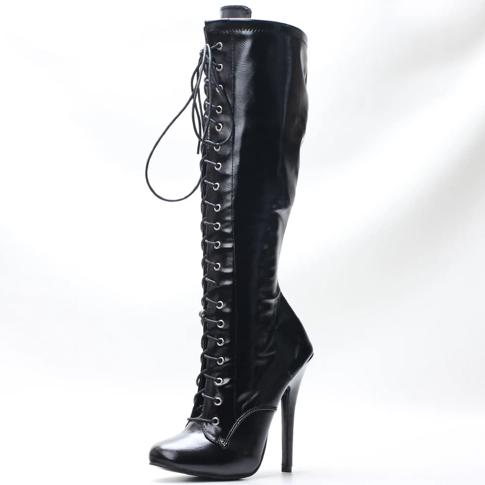 Bottes vintage à talons aiguilles de 5 pouces, bottes sexy à lacets hautes au genou