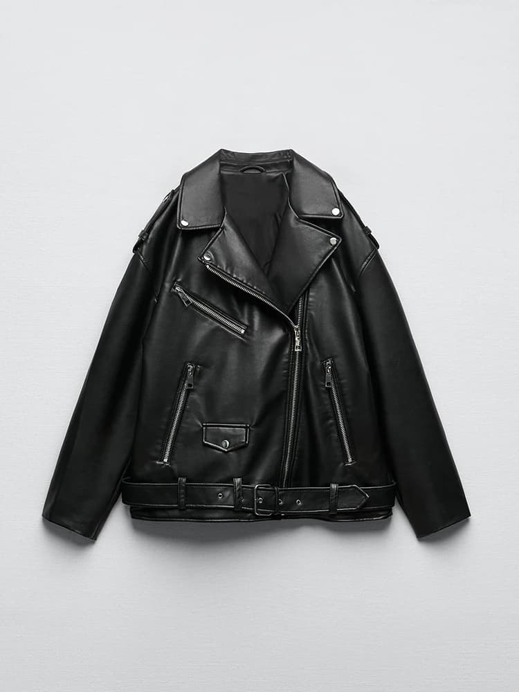 Ailegogo femmes ample moto motard noir Pu Faux cuir veste avec ceinture printemps automne femme mant