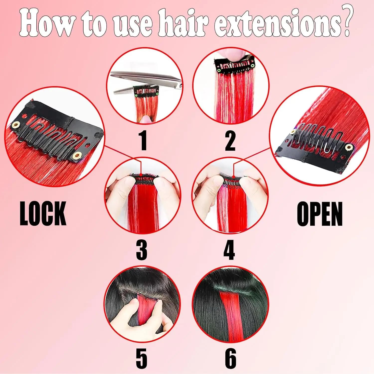 6/12 pièces Extensions de cheveux pince, 22 pouces Extensions de cheveux colorés reflets de fête pos
