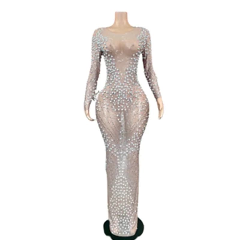 Robe longue rose Sexy pour femmes, strass scintillants, fête d'anniversaire, célébration de chanteur