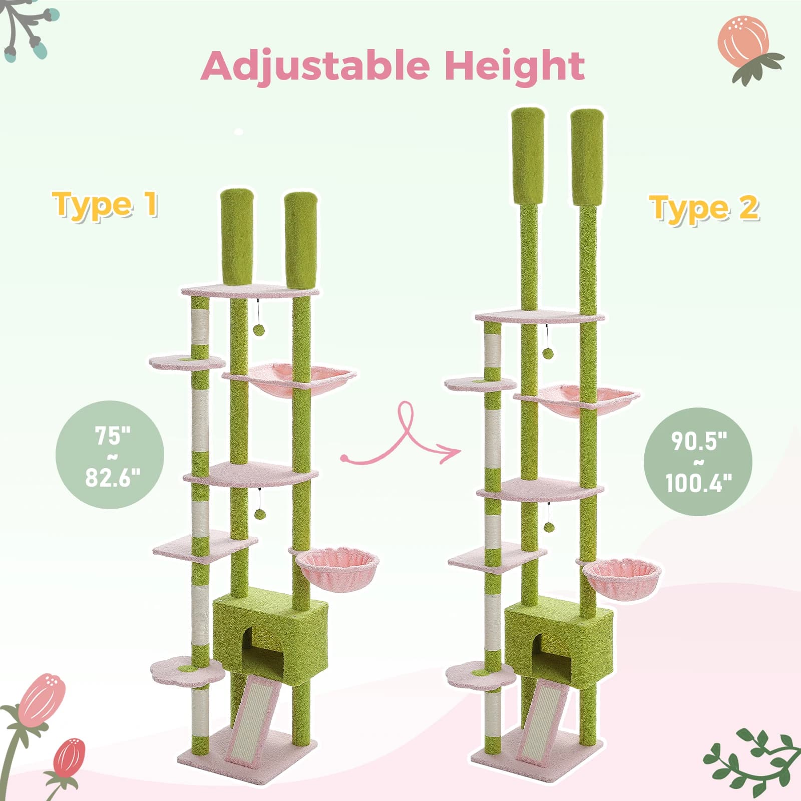 Arbre à chat Cactus du sol au plafond, tour à chat réglable en hauteur avec Hamac confortable pour c