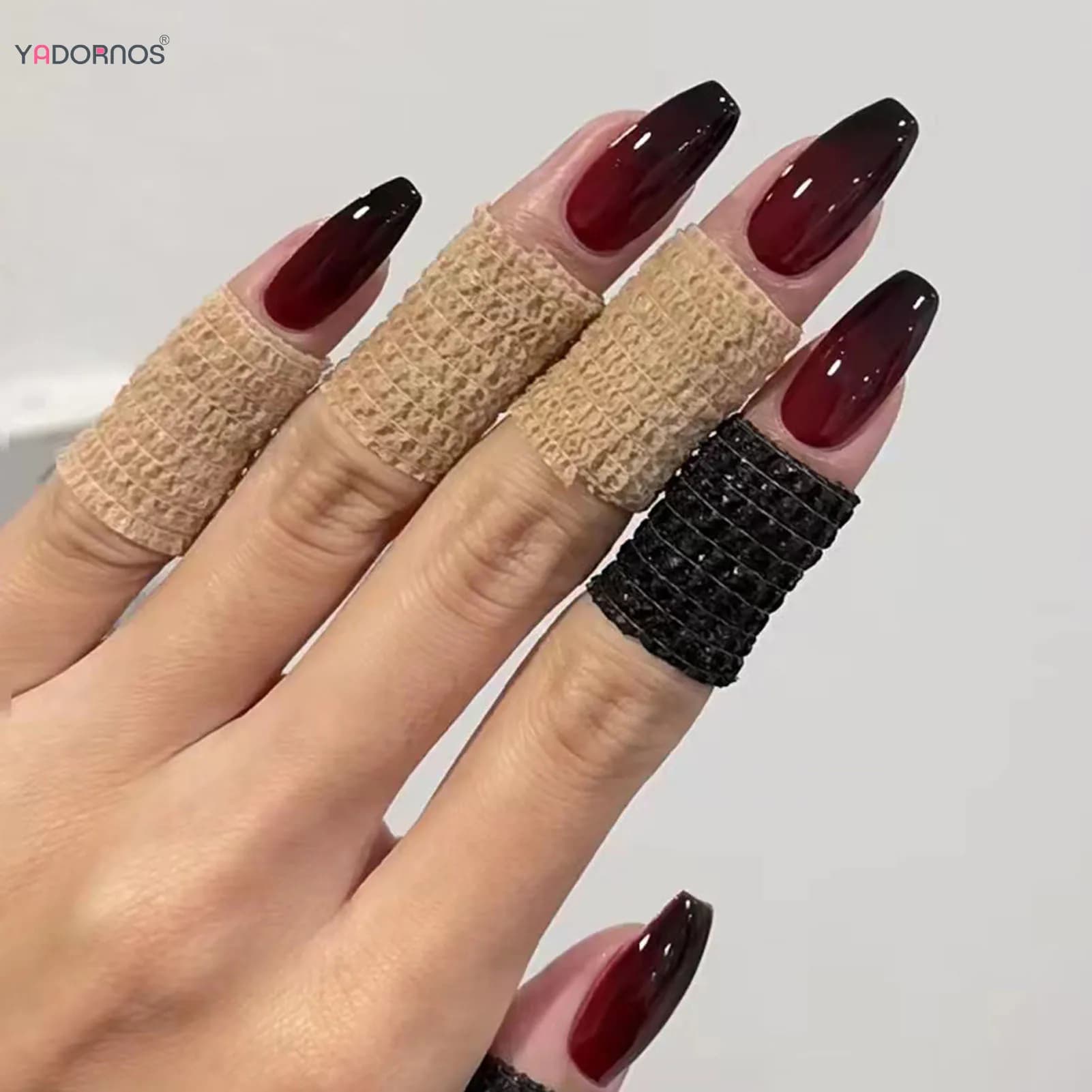 Faux ongles en forme de cercueil, dégradé rouge et noir, longueur moyenne, avec onglets collants, po