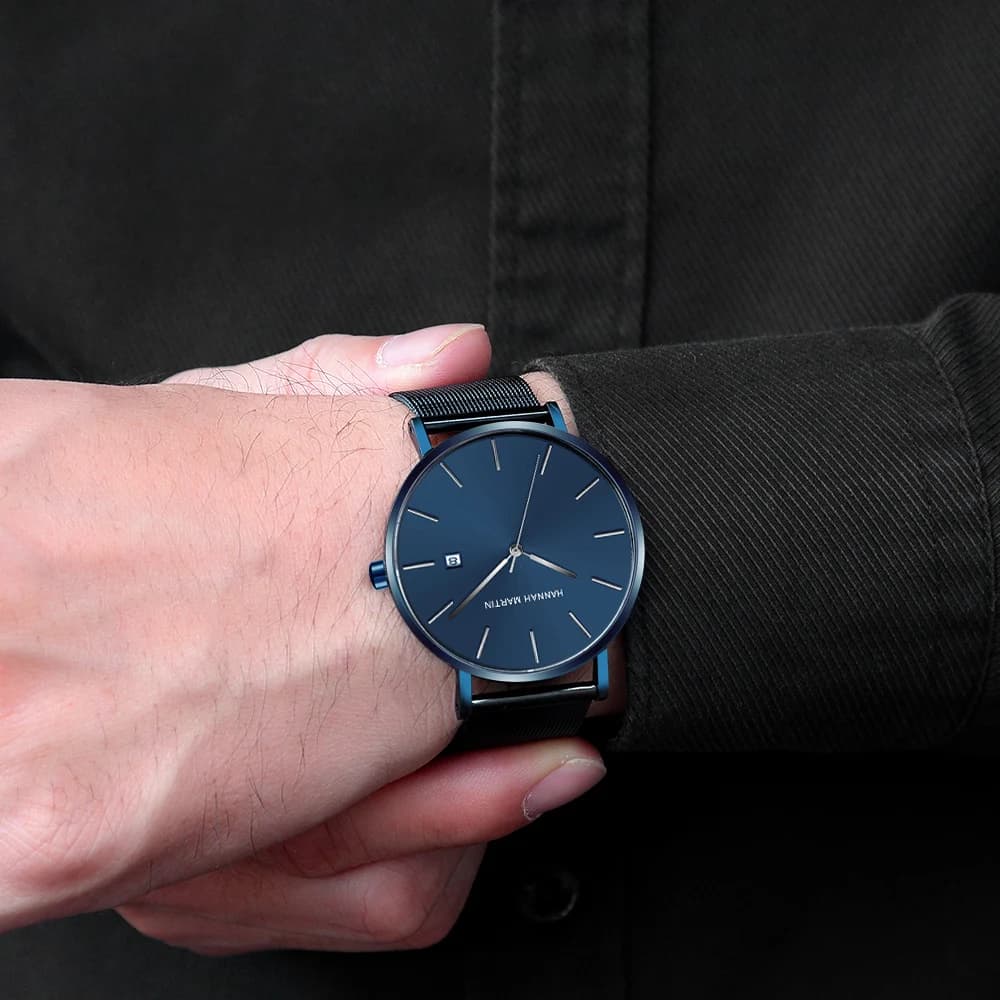 Classique Bauhaus Design hommes montre bleu foncé japon Quartz étanche en acier inoxydable mode affa