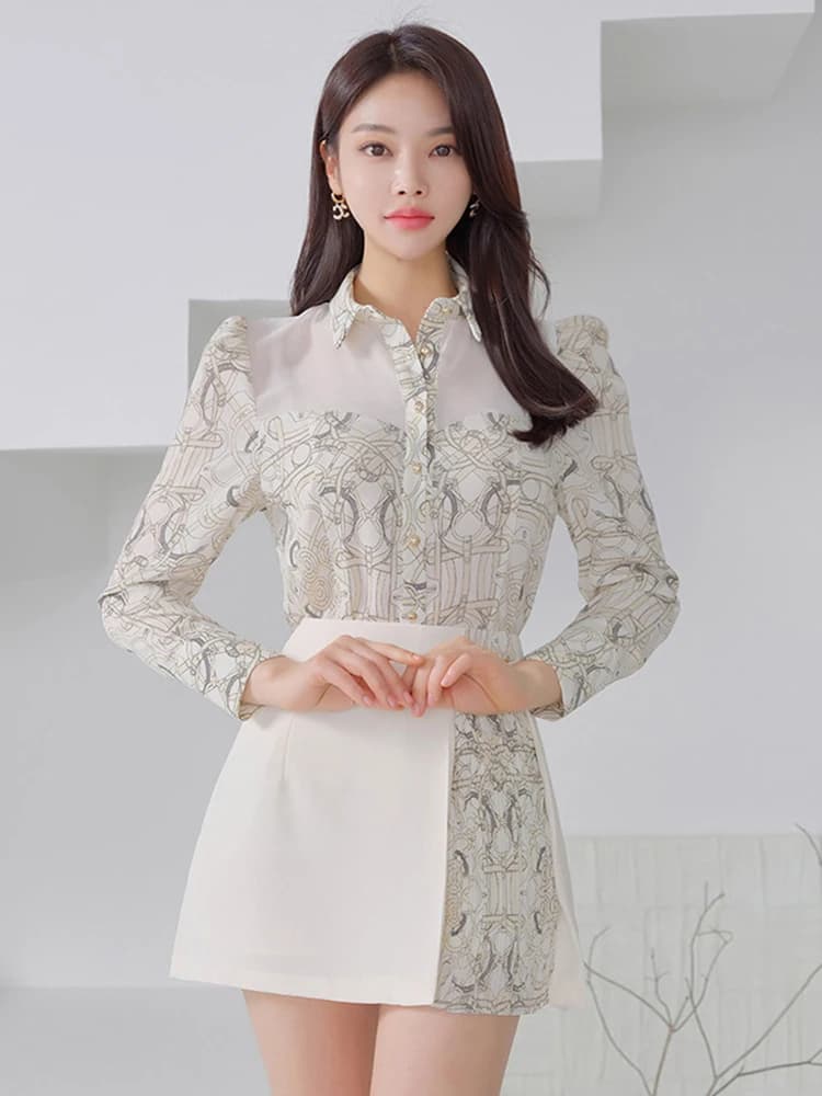 Chemisier en Y imprimé vintage pour femme, mini jupe courte, tenue de bureau élégante, chic formel, 