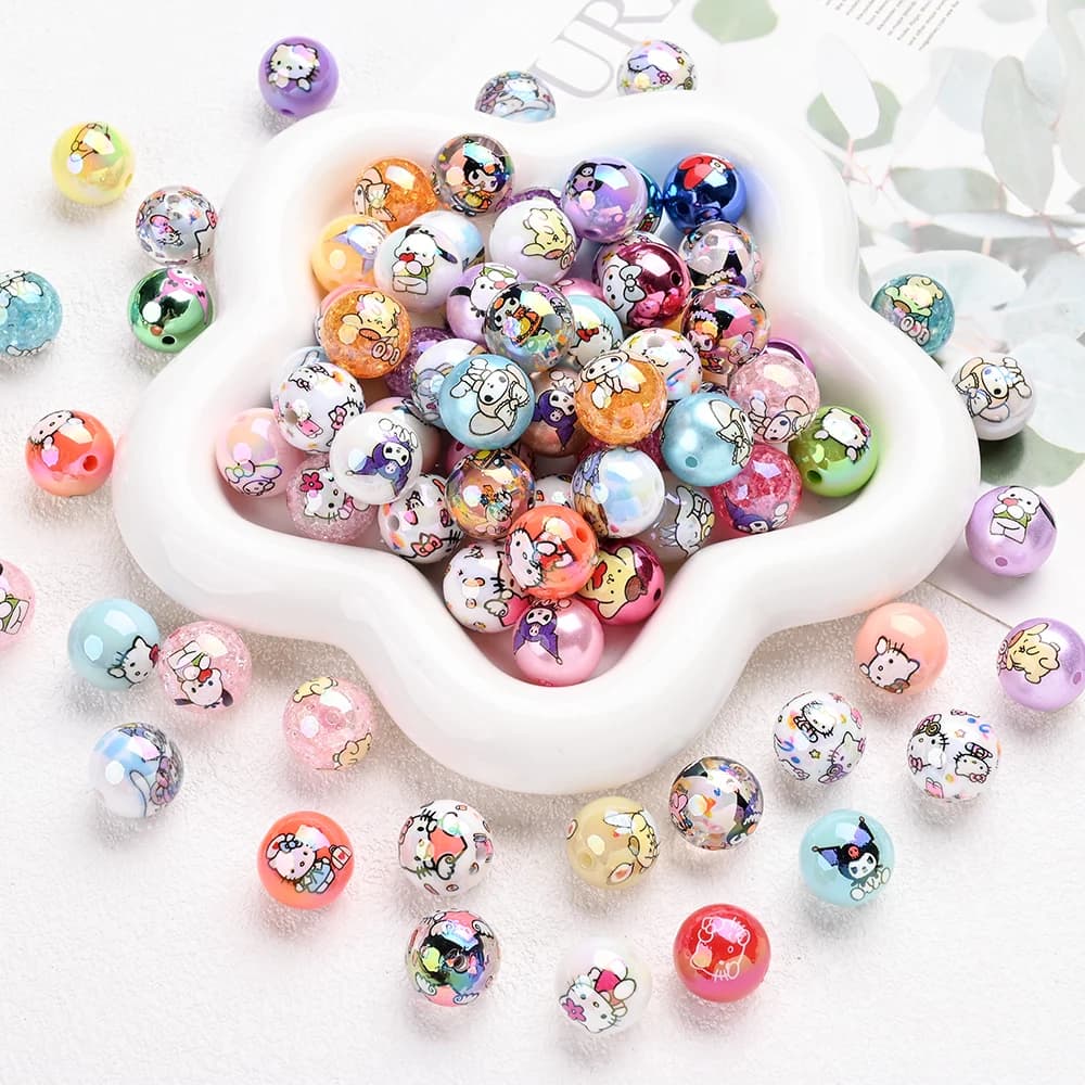 Perles acryliques mélangées aléatoires, 30 pièces, perles rondes imprimées Sanrio, amples pour brico