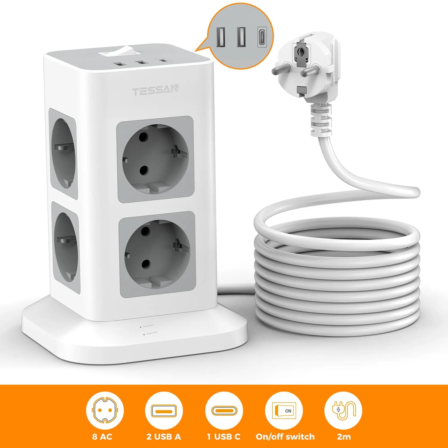 Multiprise TESSAN avec 8 prises + 2 USB + 1 Type C, multiprise verticale avec câble d'extension de 2