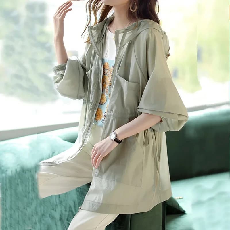 Lightweight Hooded Sunscreen Jacket Women's Mid-Long White Windbreaker Waist-Breathable Summer 2022 