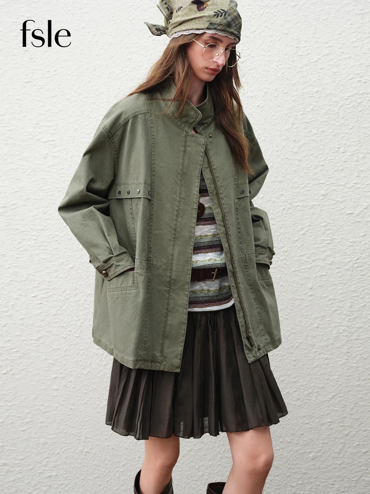 FSLE【Série Premium】Veste Courte Cargo Rétro Femme Printemps 2026 Col Montant Style Urbain Oversize