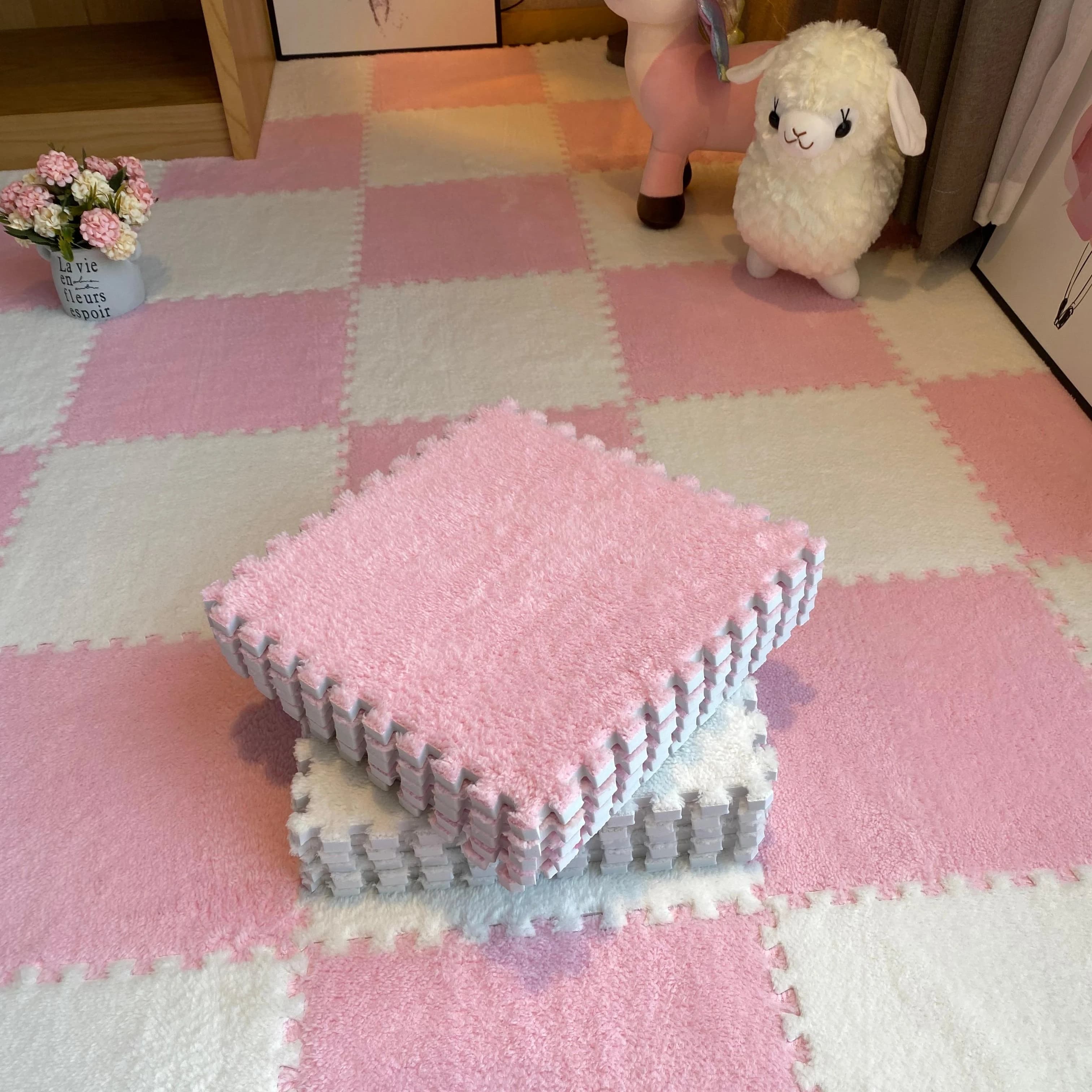 Tapis de jeu en peluche douce pour bébé, en mousse EVA, pour enfants, carreaux d'exercice imbriqués,