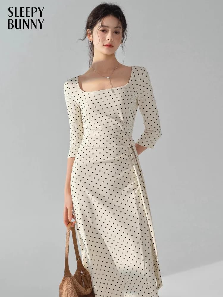 Robe mi-longue française élégante, Vintage, col carré, manches longues, coupe cintrée, cravate à la 