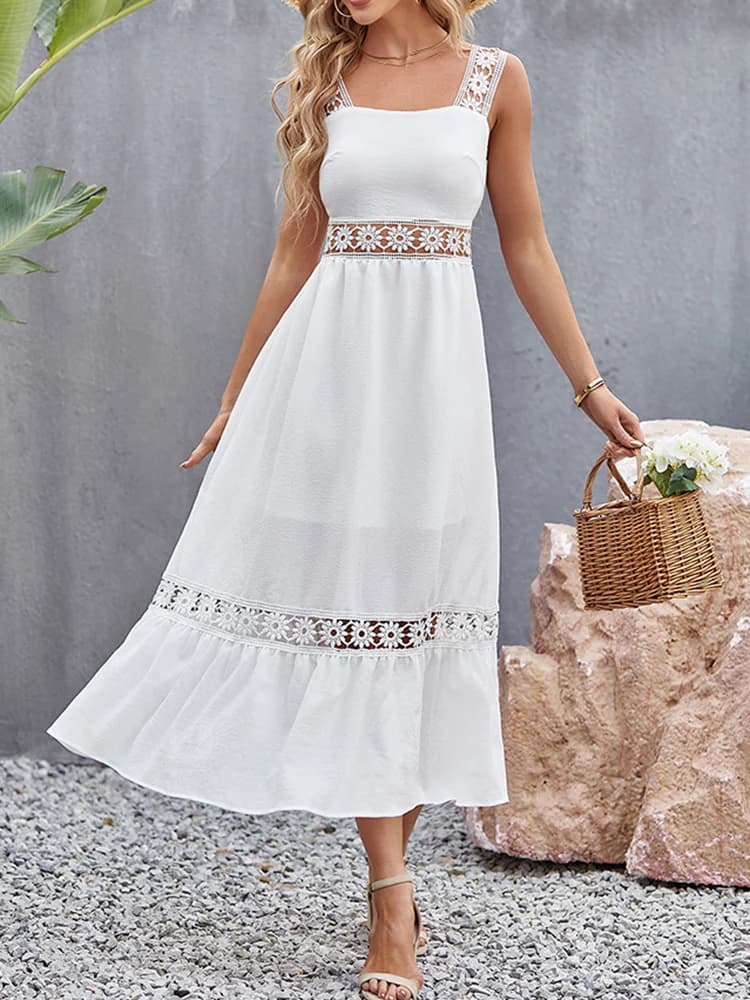Robe Longue Blanche en Dentelle Ajourée pour Femme, Tenue Éducative, Sexy, Dos aux, Maxi, Élégante, 