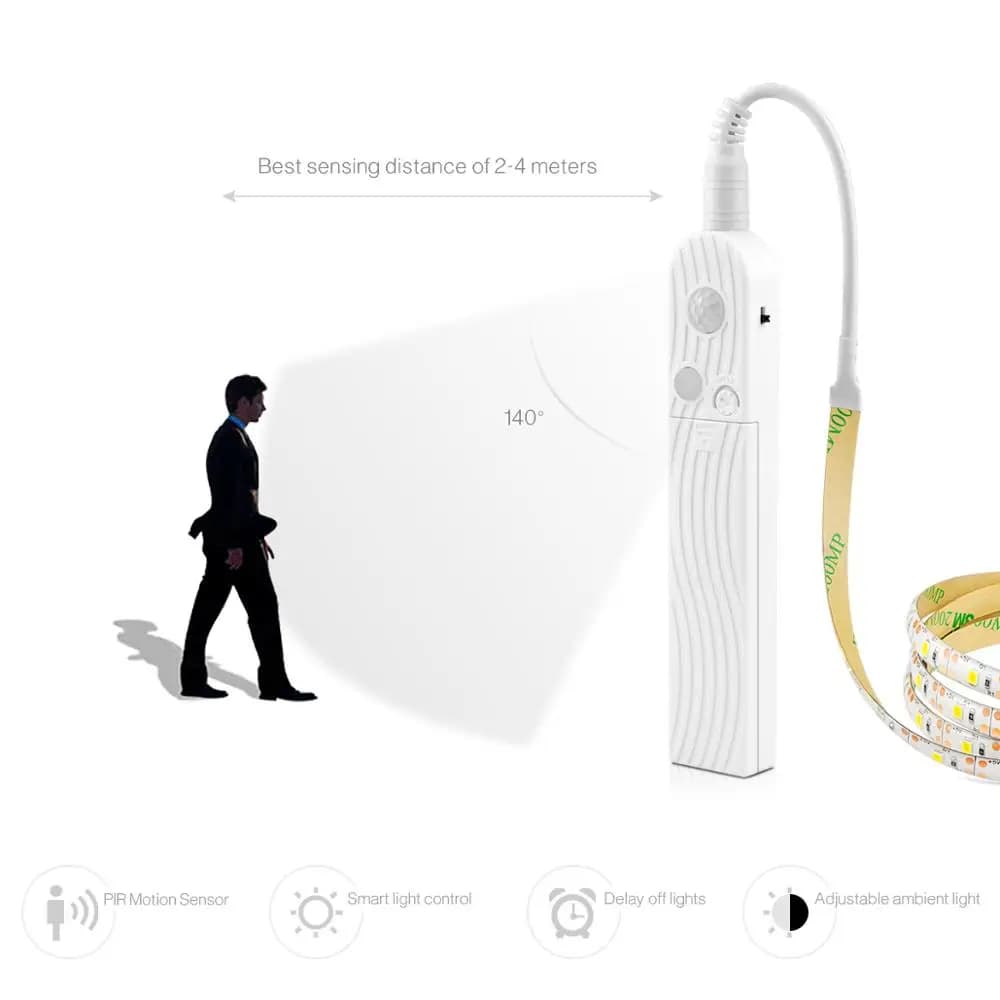 Bande lumineuse LED avec détecteur de mouvement PIR sans fil, pour armoire sous le lit, escaliers, p