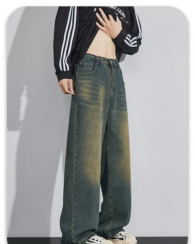 Nouveau jean couteau courbé pour hommes américain rétro lavé en détresse pantalon à jambes larges qu