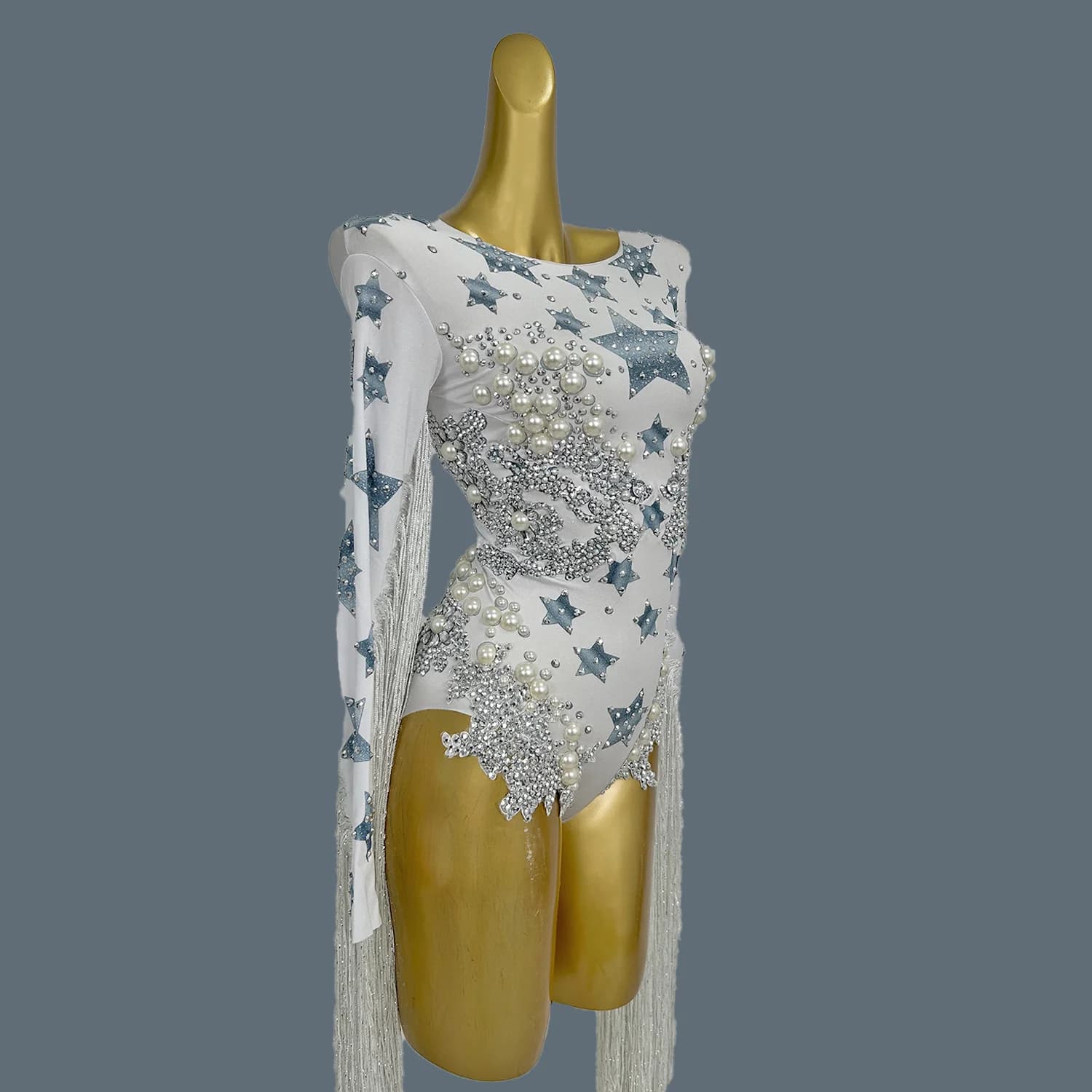 Justaucorps à Franges avec Strass et Grosses Perles pour Femme, Combinaison de Soirée à Long Pompon,