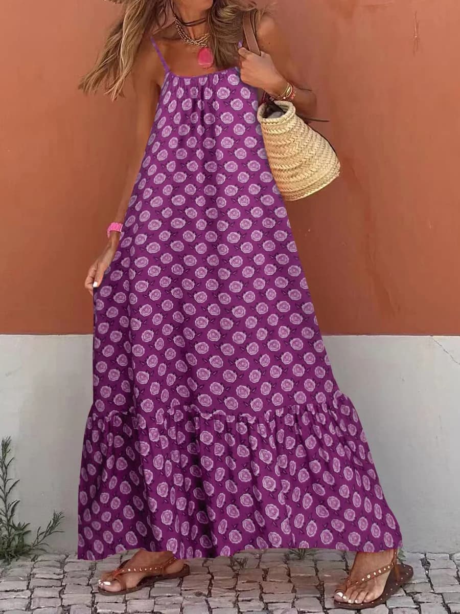 Robe longue style Boho pour femmes, sans manches, ample, imprimée, bretelles Spaghetti, robes fluide