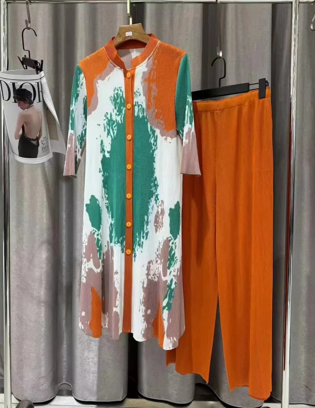 Ata Yaki-Robe Plissée à la Mode, Coupe Slim, Col Rond, Manches Trois Quarts, Jambes Larges, Pantalon