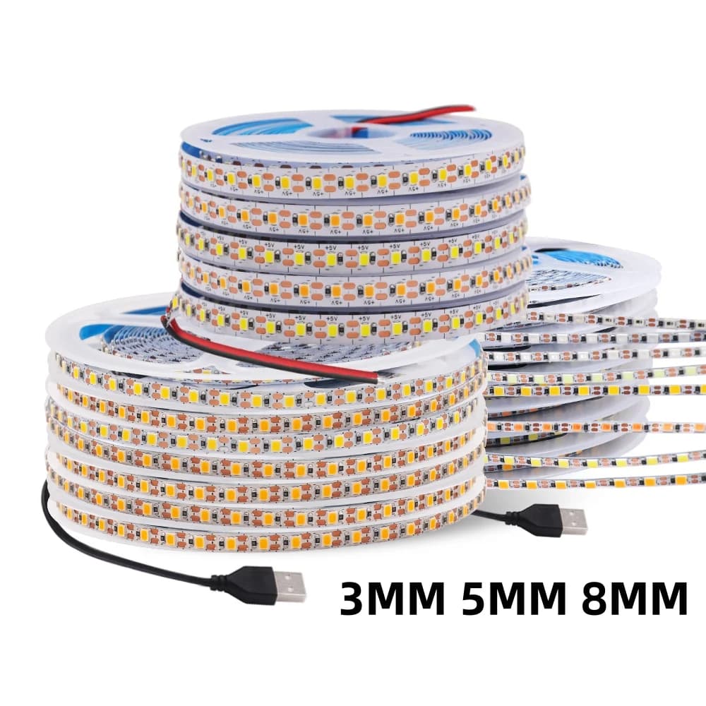 Bande lumineuse LED USB à intensité variable, DC5V, 3MM, 5MM, 8MM, largeur PCB, corde Flexible, 2835