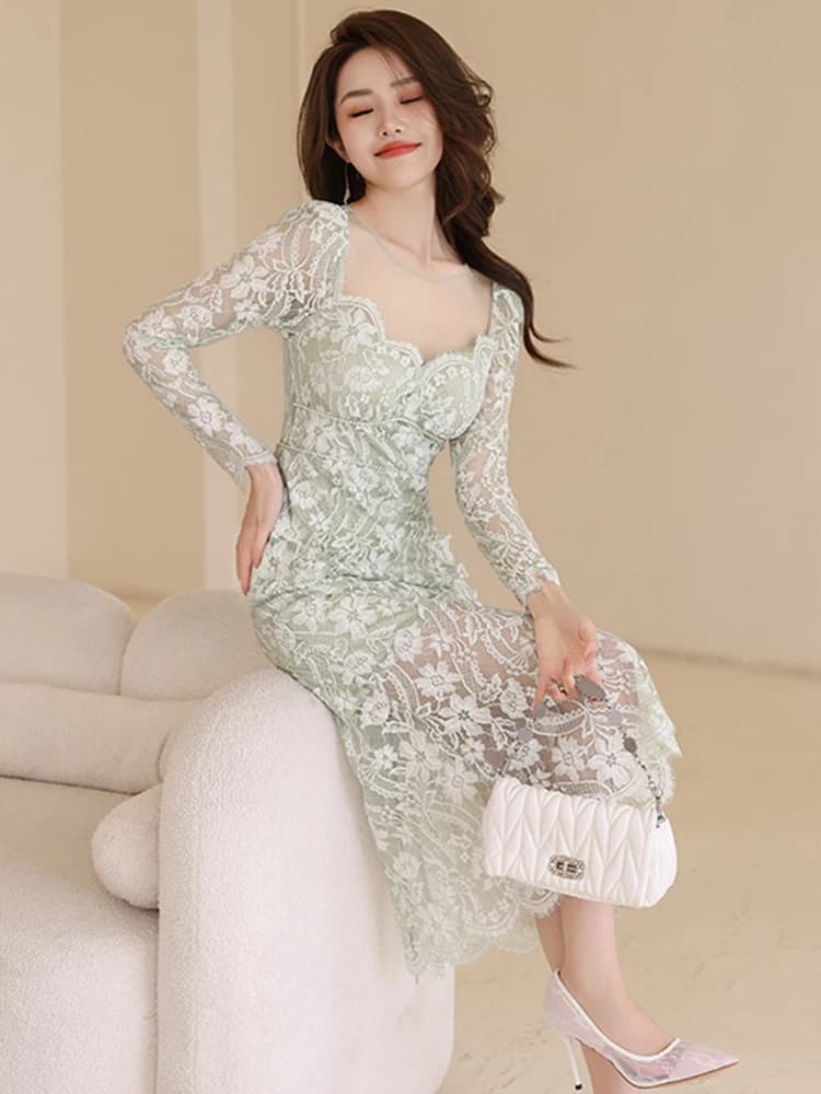 Robe maxi en dentelle transparente pour femme, robe de soirée, robe de vacances, dentelle transparen