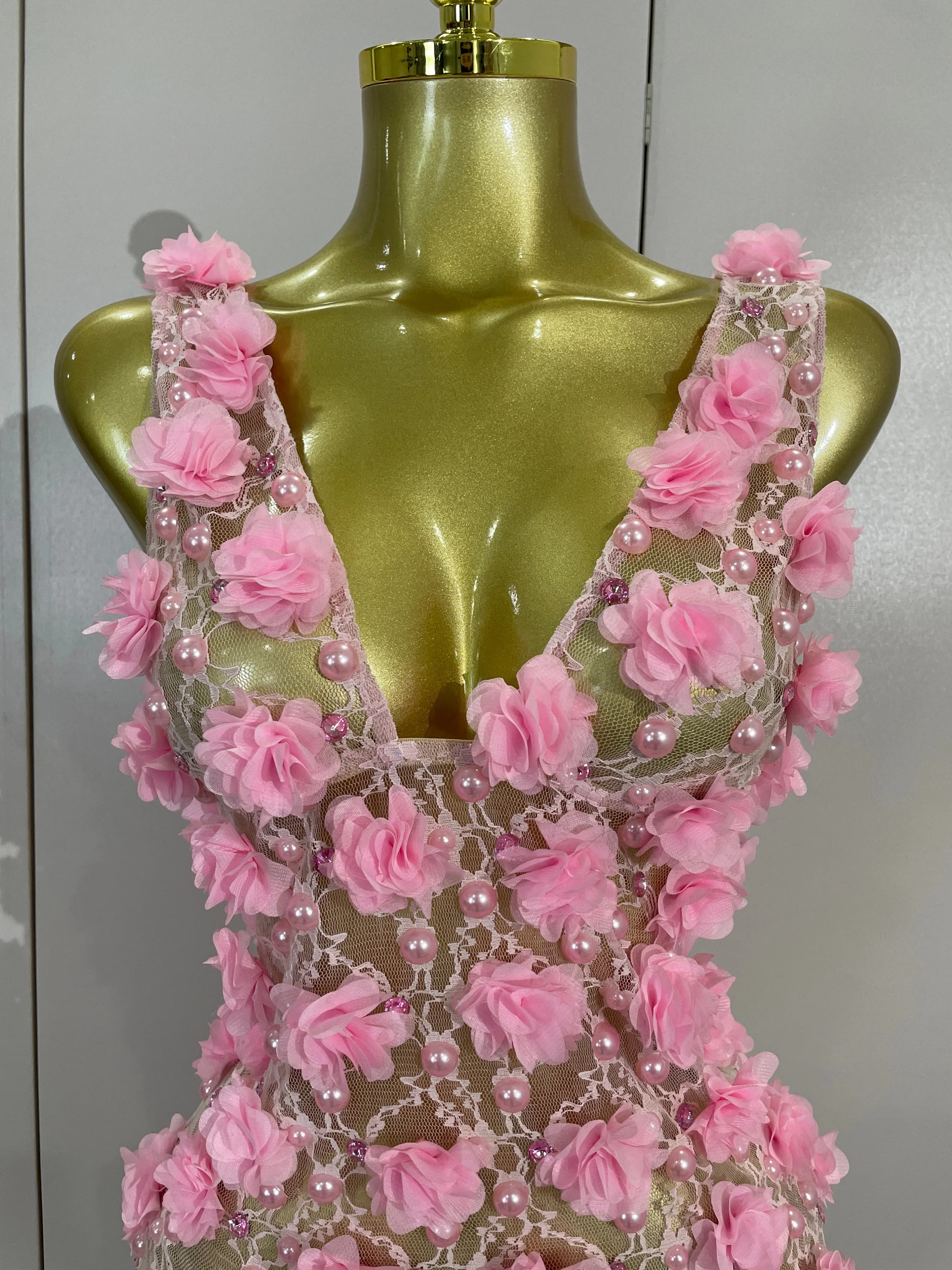 Robe de soirée pour femmes, robe de club, robe d'anniversaire, robe rose à fleurs en perles, robe en