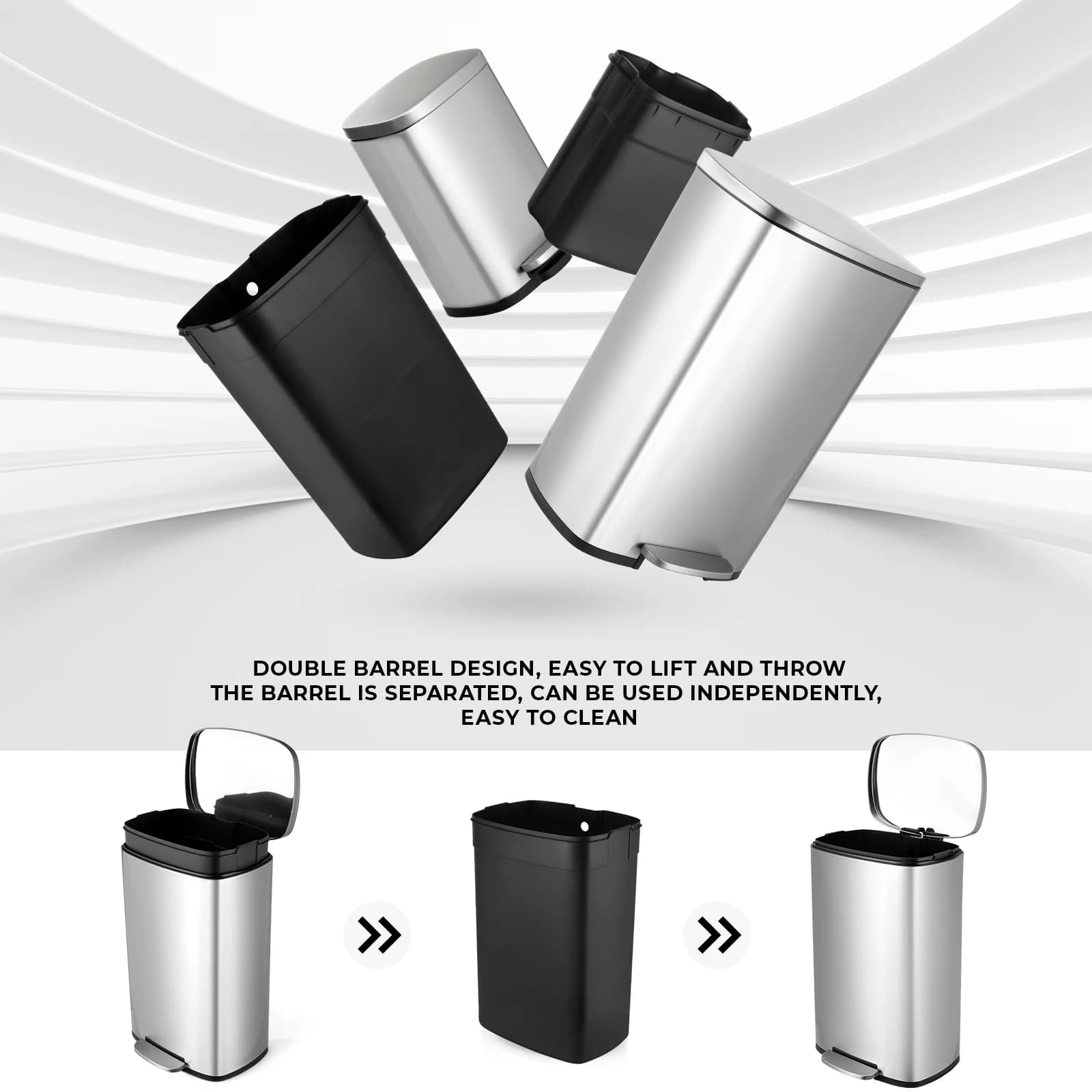 AOOU-Poubelle en acier inoxydable pour cuisine et maison, poubelle à fermeture douce, 13.2 + 1.3 gal