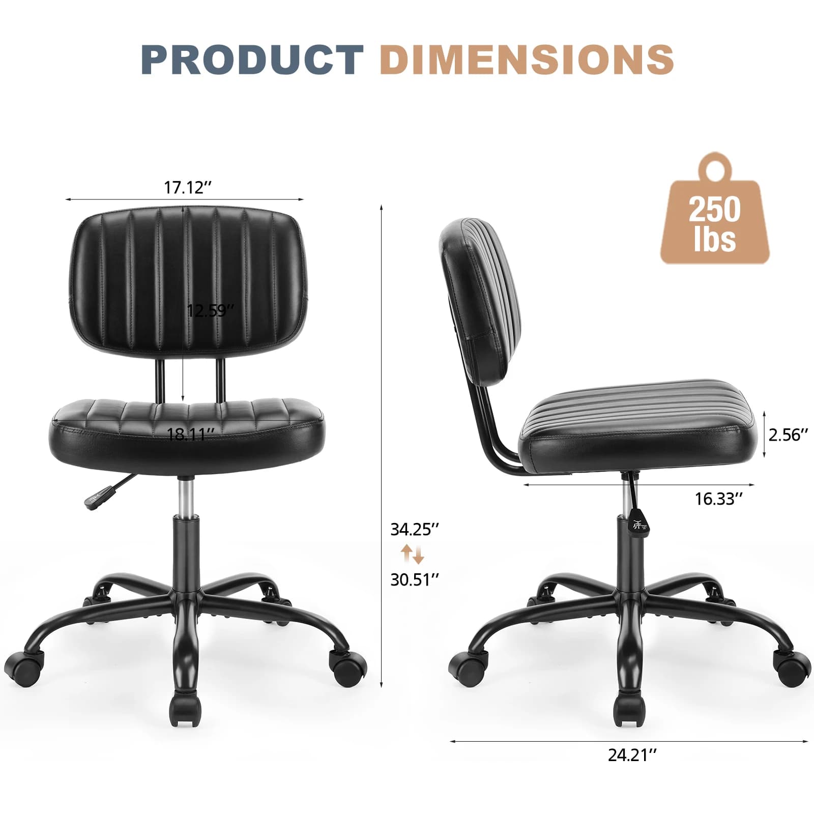 JHK – chaise de bureau sans accoudoirs, Support lombaire arrière, hauteur réglable, chaise d'ordinat
