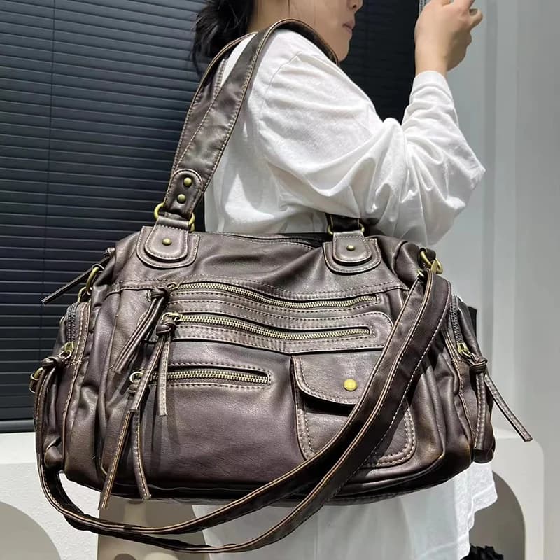 Sac fourre-tout Y2K tendance pour femme, style punk motard, grande capacité, en cuir PU, sac bandoul