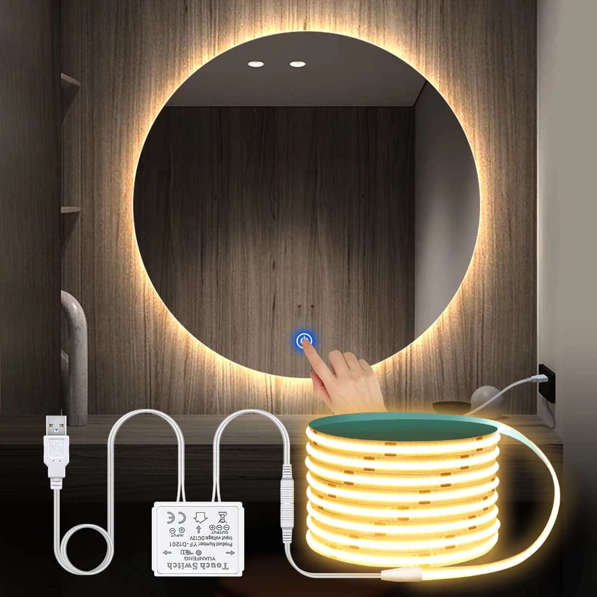 Bande lumineuse LED USB avec capteur tactile 5V COB fita led pour miroir de maquillage rétro-éclaira