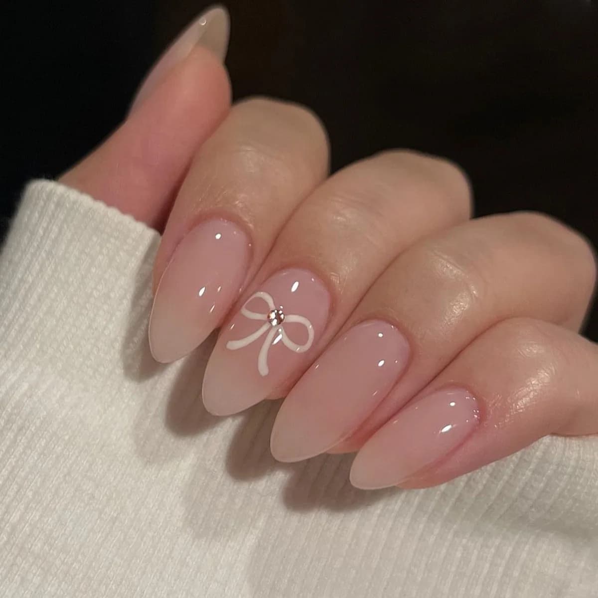 Faux ongles français longs à pression en amande, avec nœud rose, Design floral portable, manucure ov