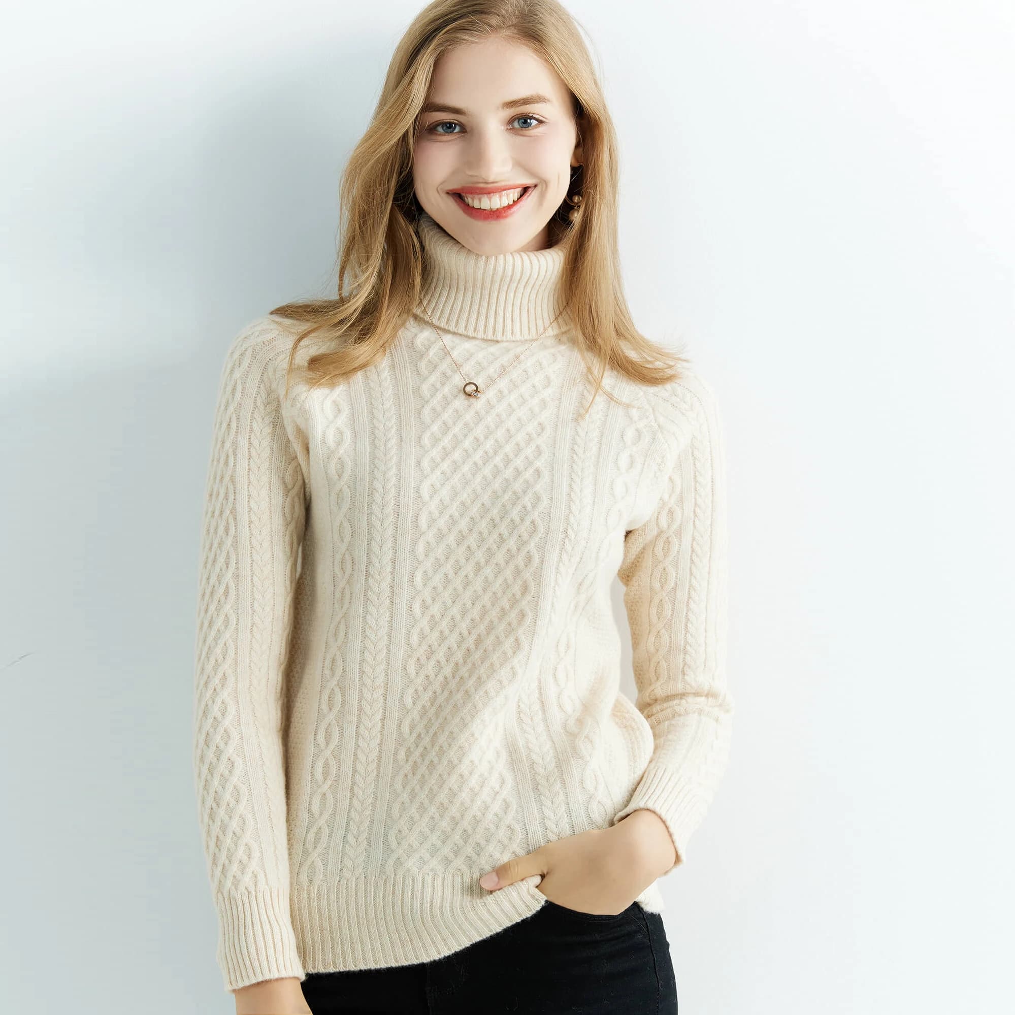 Pull en cachemire à col roulé et manches longues pour femme, 100% laine mérinos, vêtements d'hiver e