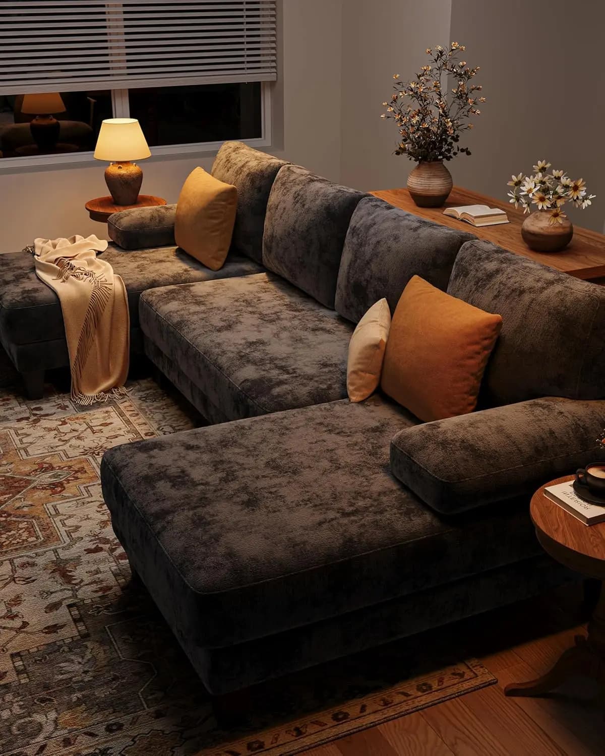 Canapés sectionnels en forme de U pour salon |   Canapé en chenille avec double chaise longue |   Ca