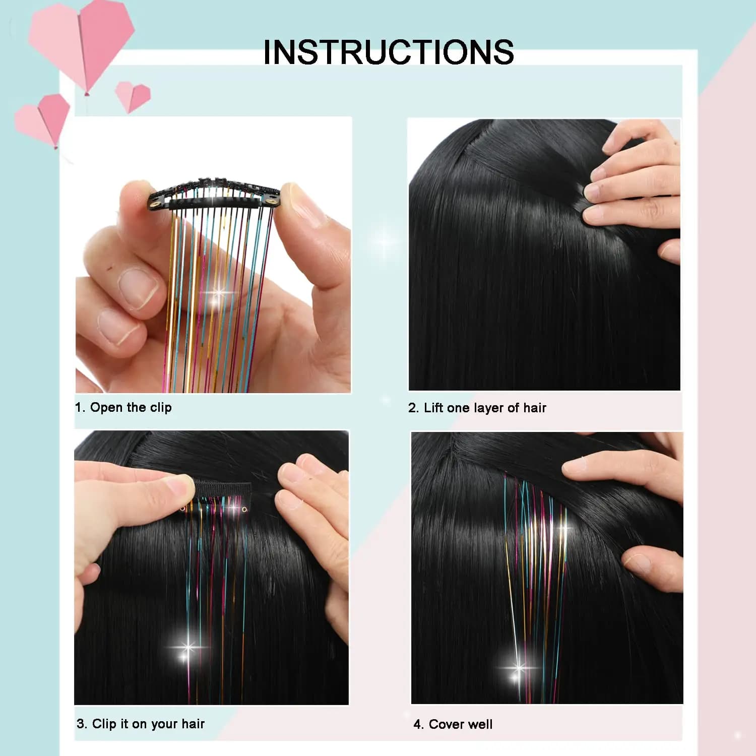 6 pièces pince à cheveux en 23.6 pouces paillettes synthétique pince à cheveux en cheveux Kit de gui