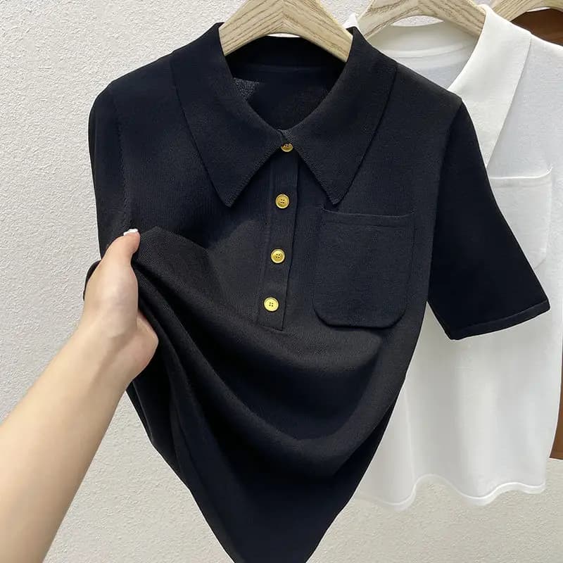 T-shirt POLO élégant à manches courtes, poches amples, Design, chemisiers d'été fins pour femmes, vê