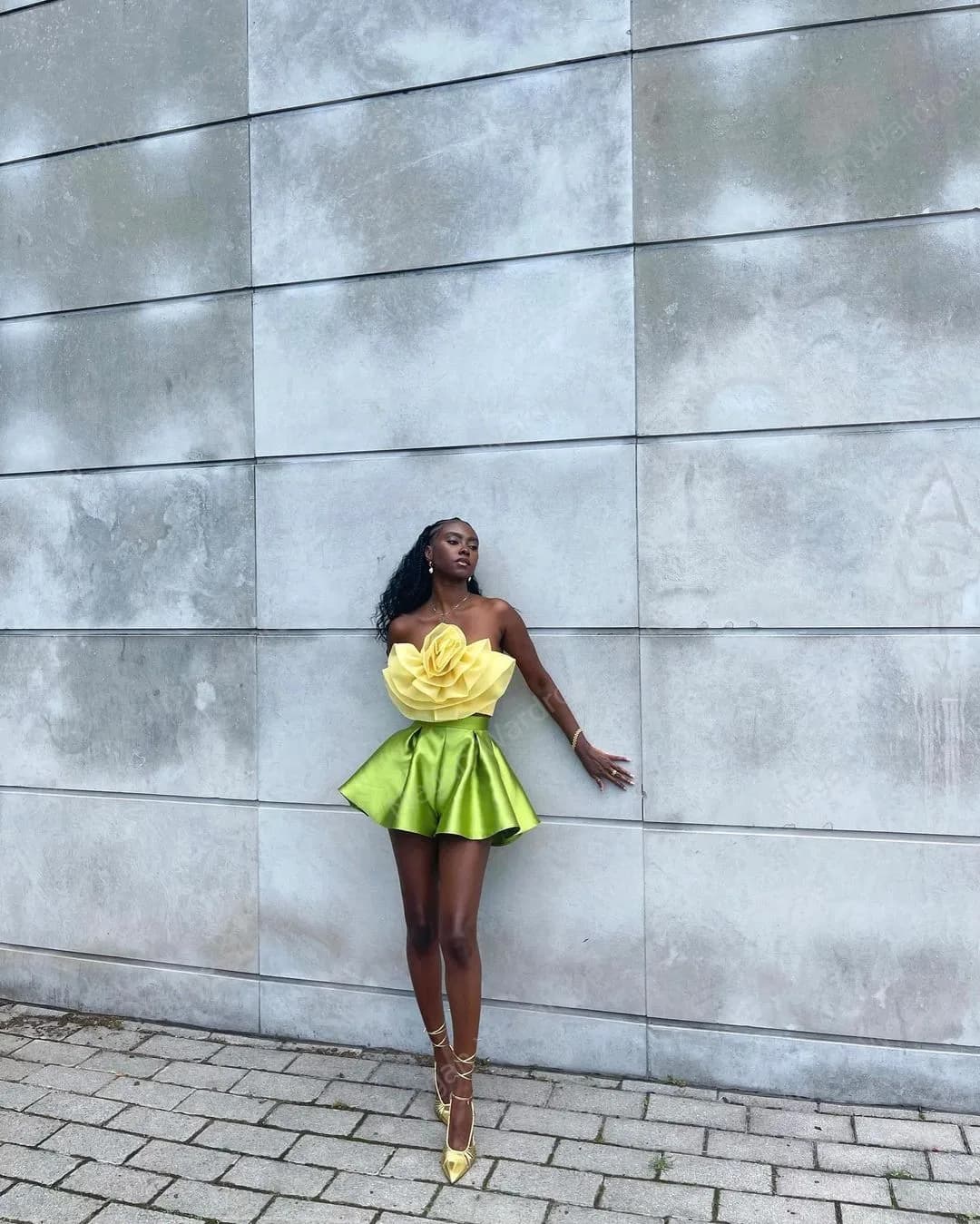ChimTwo-Ensemble mini jupe jaune pour femme, haut en tulle à volants fleuris sans bretelles, jupe co