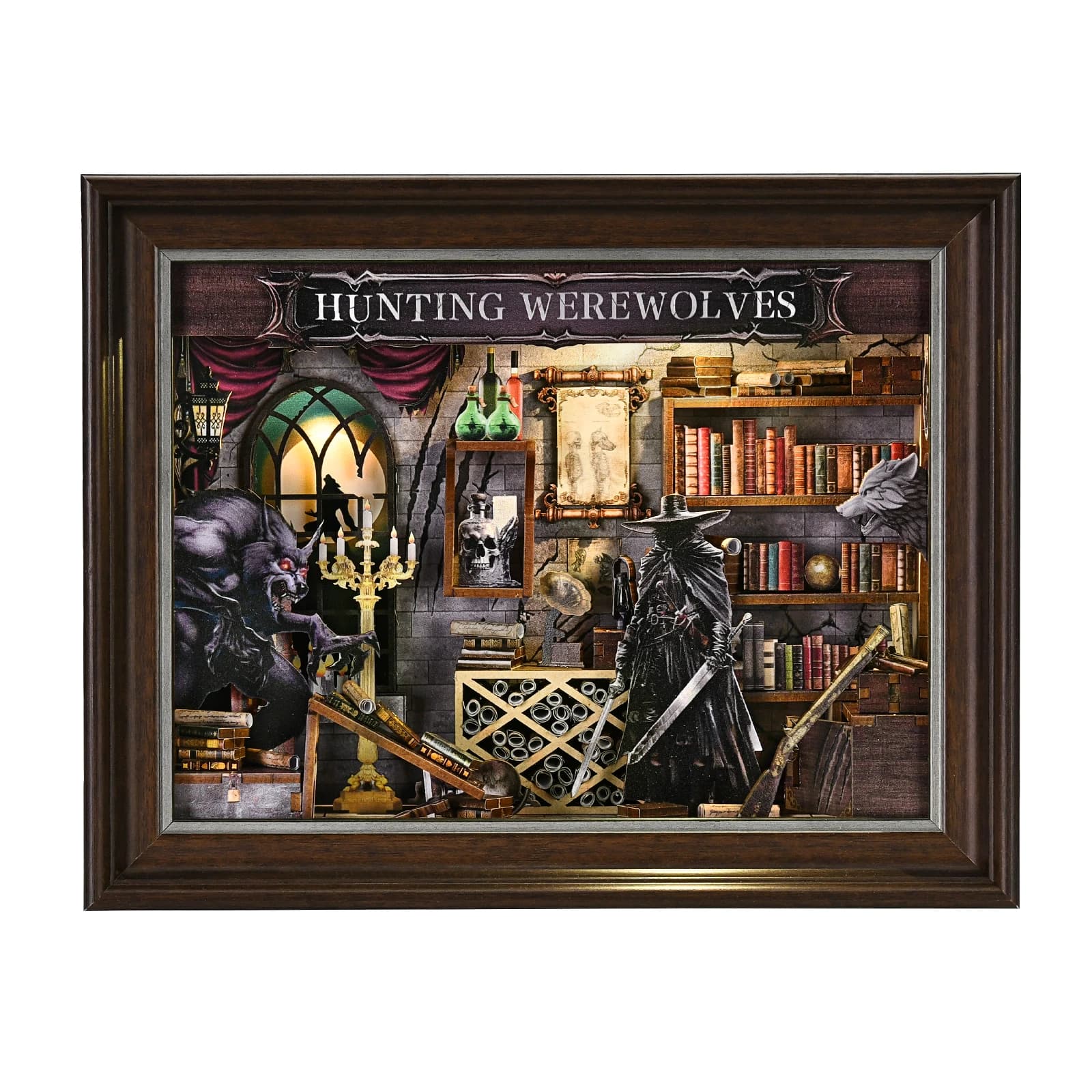 Kit de bricolage Book Nook Chasseur de Loups - Puzzle 3D en bois, maison de poupée, cadre photo, orn
