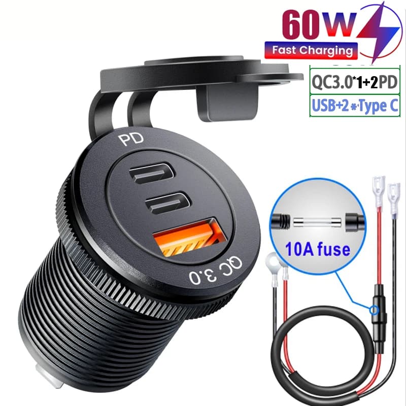Prise USB pour voiture, charge rapide PD 3.0, chargeur de voiture 60W, prise de courant pour moto, b