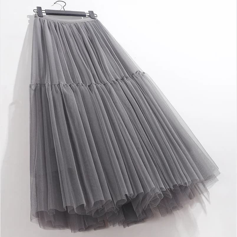 Jupes longues en tulle taille haute pour femmes, jupe tutu trapèze, vêtements en maille plissée pour