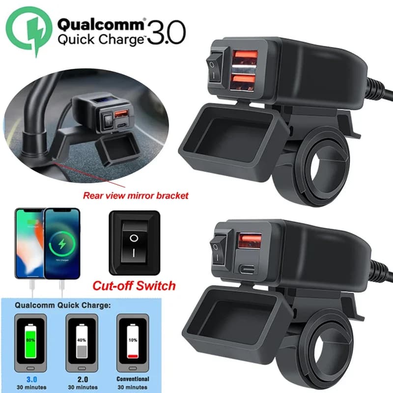 PD QC3.0 – chargeur cellulaire rapide USB pour moto, connecteur de prise de Port de Type C étanche a