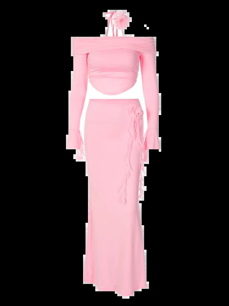 Dulzura – costume assorti, accessoires de cou, fleur 3D, épaules dénudées, manches longues trompette